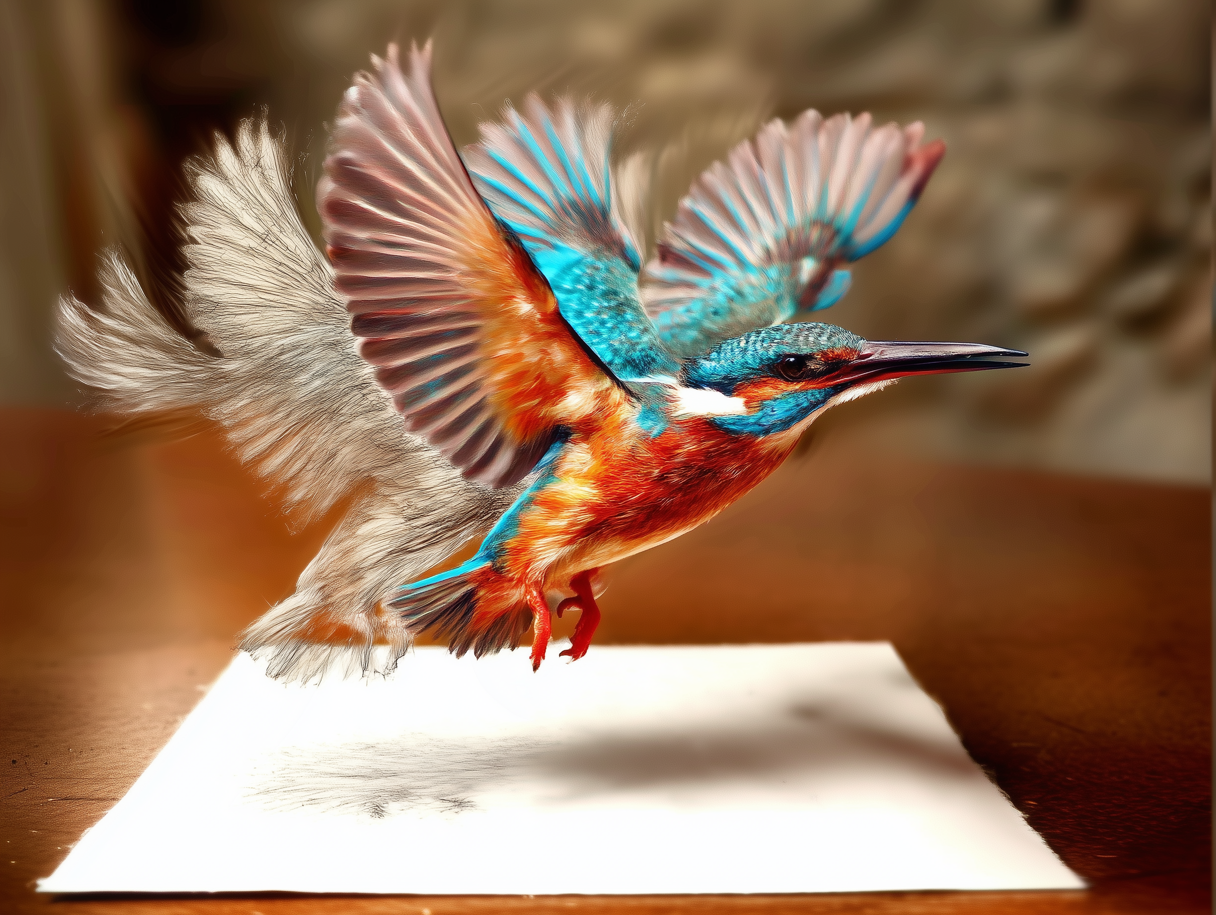 a drawing of a bird, the bird is half sketched half real and 3D. The bird is half on the paper, half reals and trying to fly off the paper. the bird is a colorful kingfisher