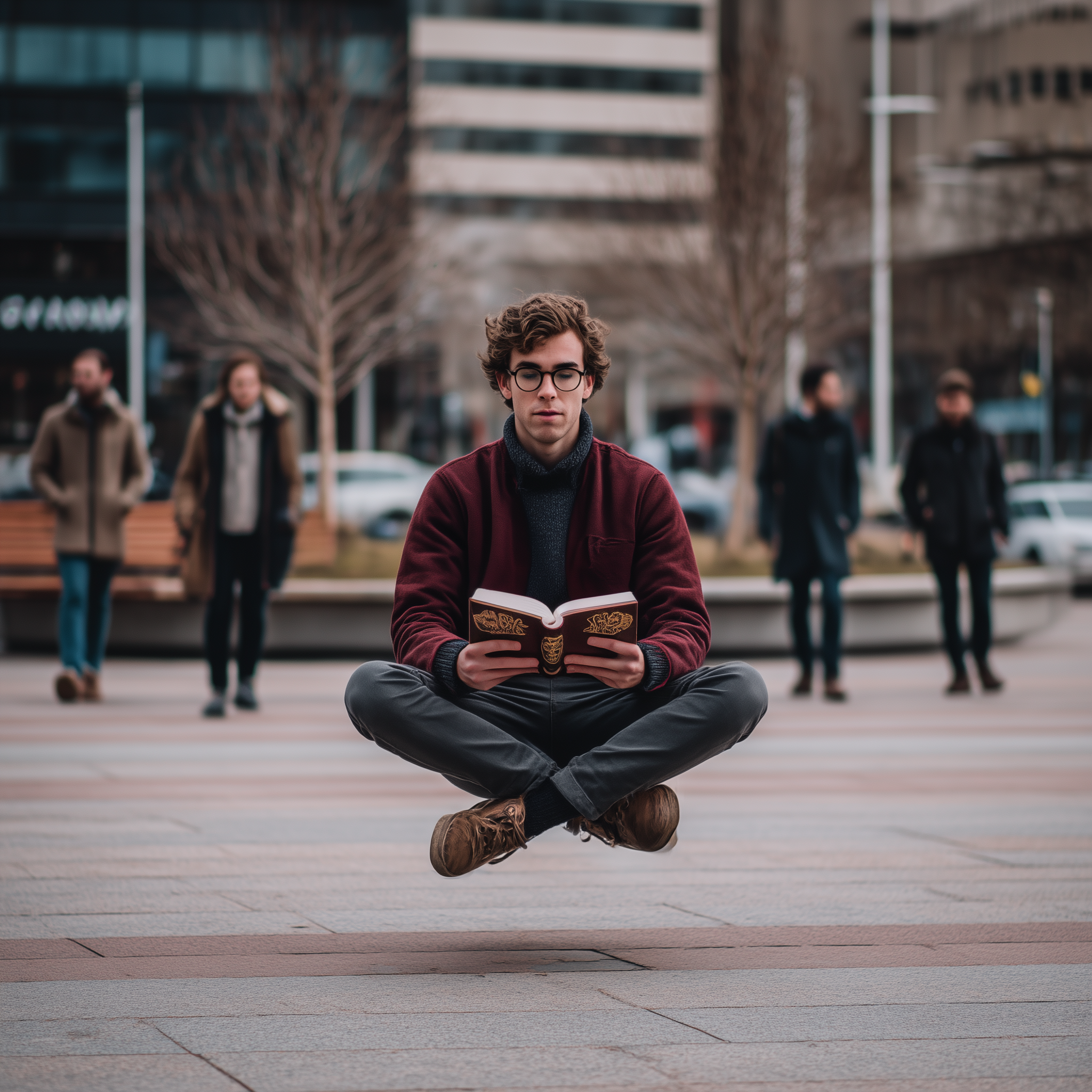 a young man, white, glasses with a narrow white and golden frame, slight curly hair and blue eyes, slim and attractive face, dimples. He is reading a book with a golden octopus on the cover. The man is levitating with crossed legs in the middle of a square. Other people are walking by in the background.