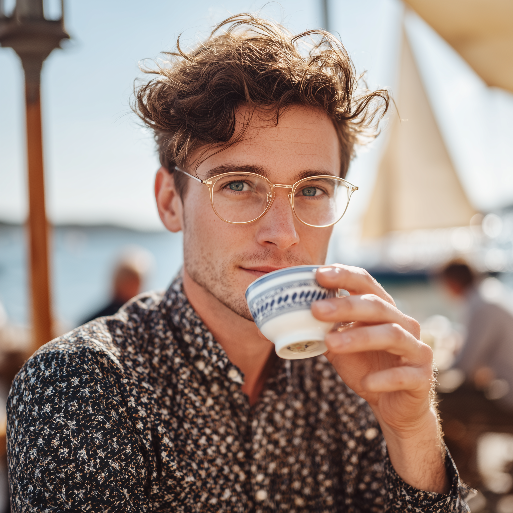 a young man, white, glasses with a narrow white and golden frame, slight curly hair and blue eyes, slim and attractive face, dimples. He rinks tea from a cup. A small sailing boat sails on the surface, the background is blurry. The setting is outdoor in a café. sunny day