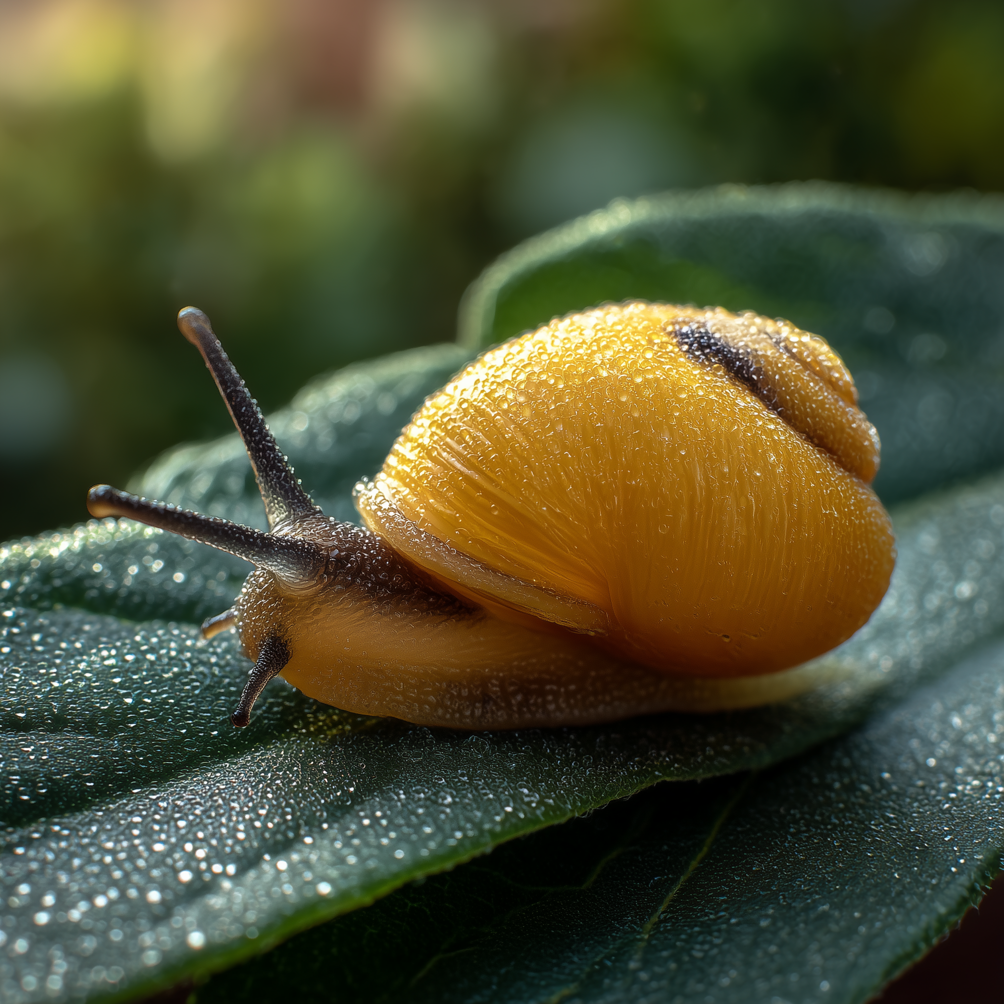 a snail with a yellow shell on a green leaf. Close up, blurry background.