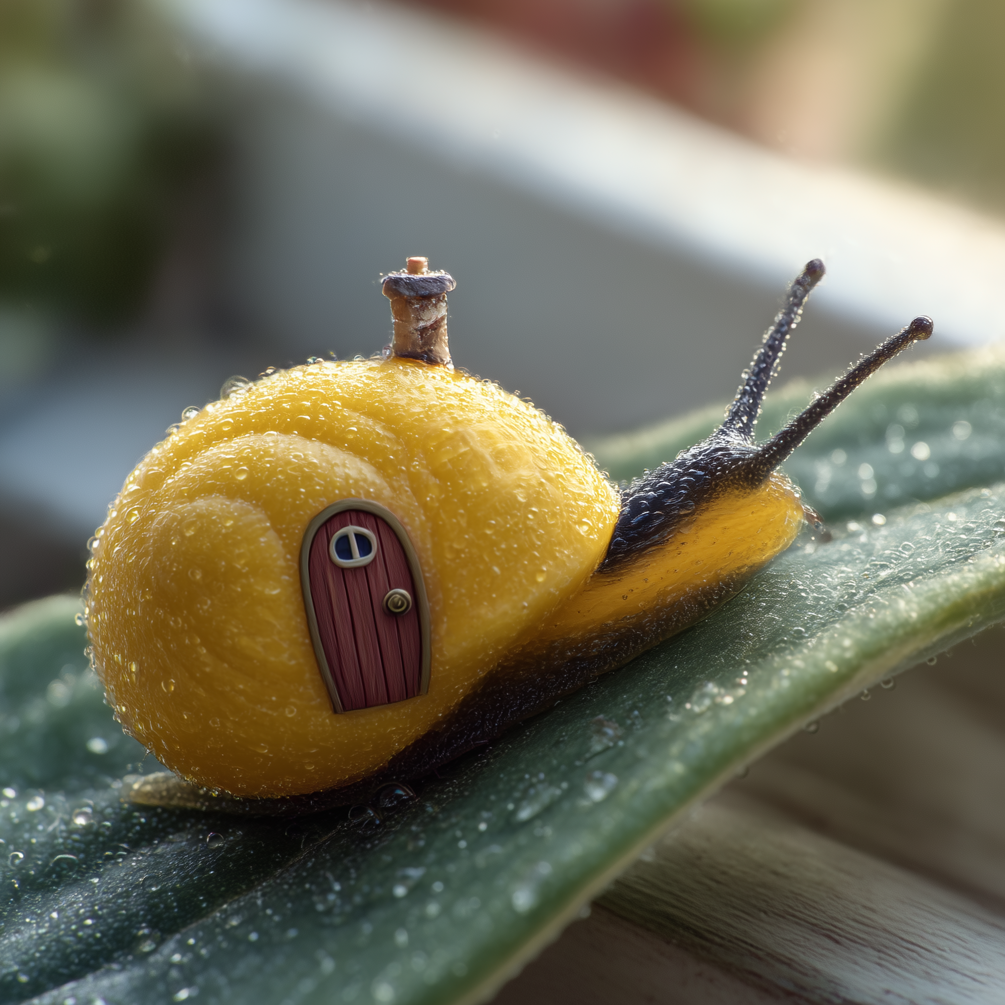 a snail with a yellow shell on a green leaf. The shell has a door with a doorknob and on top is a chimney. Close up, blurry background